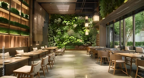 Sustainable Restaurant Design: Vertical Garden and Green Furniture in a Modern Interior. Concept Sustainable Design, Restaurant Interior, Vertical Garden, Green Furniture, Modern Decor photo