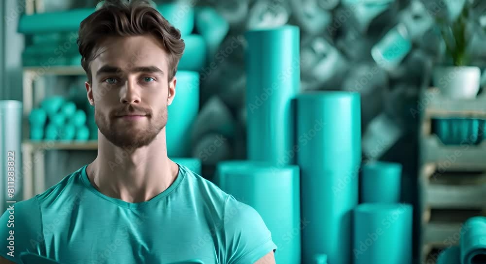 Young man with yoga mat practicing exercise for healthy active lifestyle. Concept Yoga, Health, Fitness, Lifestyle, Active Young man with yoga mat practicing exercise for healthy active lifestyle. Concept Yoga, Health, Fitness, Lifestyle, Active