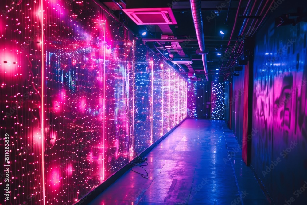A long hallway lined with colorful lights shining brightly against a neon pink backdrop, A neon pink backdrop that glows in the dark