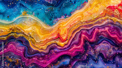 Colorful abstract painting with vibrant swirls and marble-like texture, perfect for creative backgrounds and designs.