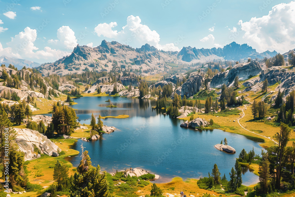 Beautiful mountain landscape with a clear blue lake, rocky peaks, and lush greenery under a sunny sky.