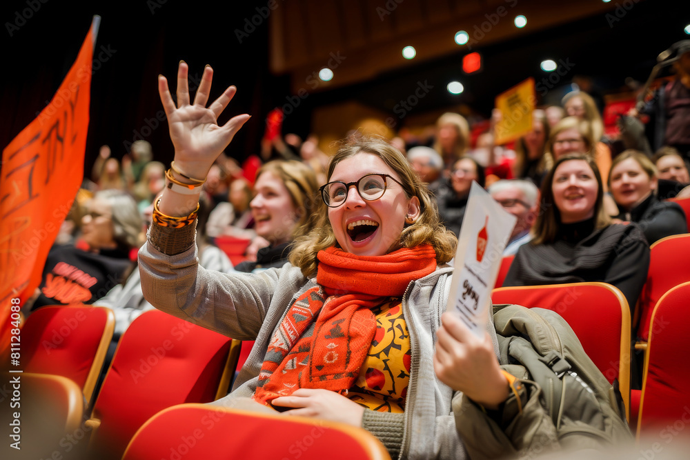 Joyful woman cheering and waving with excitement at a lively public event surrounded by an engaged audience. Joyful woman cheering and waving with excitement at a lively public event surrounded by an engaged audience.