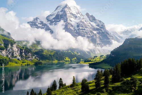 Beautiful Swiss alpine landscape with a majestic mountain, serene lake, and lush greenery on a sunny day.