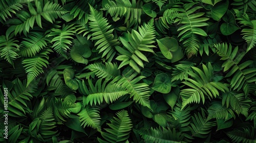 Immersed in a sea of vibrant green fern leaves this close up snapshot captures the essence of nature up close Resting flat against a dark backdrop it embodies the lush beauty of tropical fo