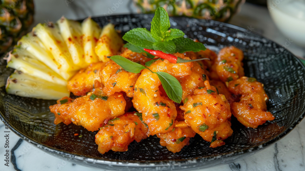 Fototapeta premium Authentic ghanaian kelewele: spicy fried plantains with herbs and chilli, accompanied by fresh pineapple slices on a sleek black platter
