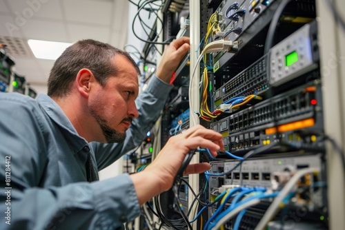 A man is working on a server in a server room, configuring network settings and security protocols, A network security administrator configuring firewalls and intrusion detection systems