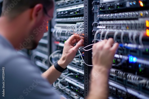 A man is seen working on a server in a server room, configuring network security settings, A network security administrator configuring firewalls and intrusion detection systems