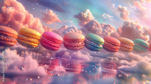colorful macarons floating in the sky, with soft pastel clouds and ethereal light effects surrounding them