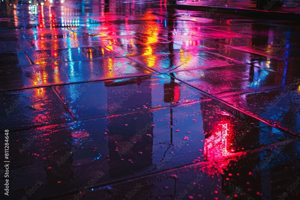 A city street illuminated by neon lights on a rainy night, with water creating reflections on the pavement, A nighttime scene of neon lights reflecting off wet pavement A city street illuminated by neon lights on a rainy night, with water creating reflections on the pavement, A nighttime scene of neon lights reflecting off wet pavement
