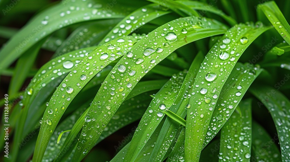 Close-up of green plant with water droplets on leaves, set against green background Close-up of green plant with water droplets on leaves, set against green background