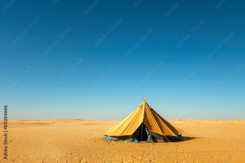 A nomadic tent stands alone in the expansive desert landscape under the clear sky, A nomadic tent on the horizon surrounded by endless sand