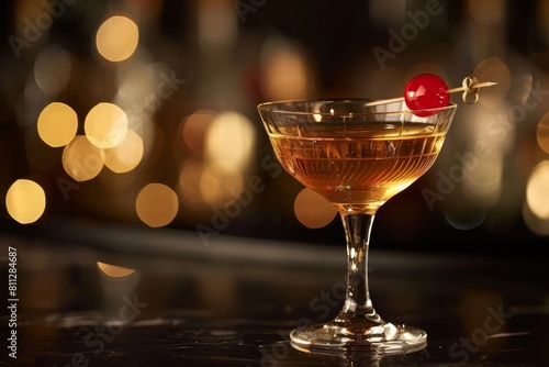 A traditional cocktail topped with a vibrant cherry on a wooden counter, A nostalgic and retro cocktail that channels the glitz and glamour of old Hollywood