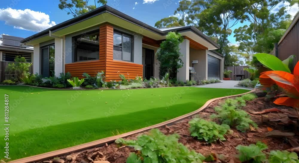 Australian home with artificial grass lawn and timber edging in front