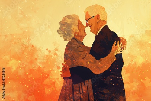 A painting depicting an elderly couple embracing each other in a tender moment, A nostalgic portrait of an elderly couple dancing at their anniversary photo