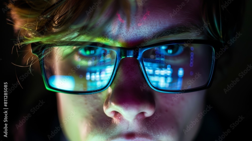 Close-up of young man with glasses illuminated by screen light. Technology and digital lifestyle concept.