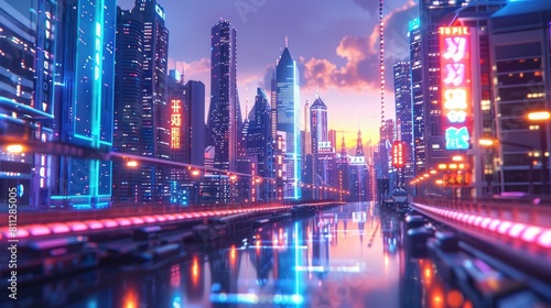 Cityscape set in a futuristic cyberpunk world realistic