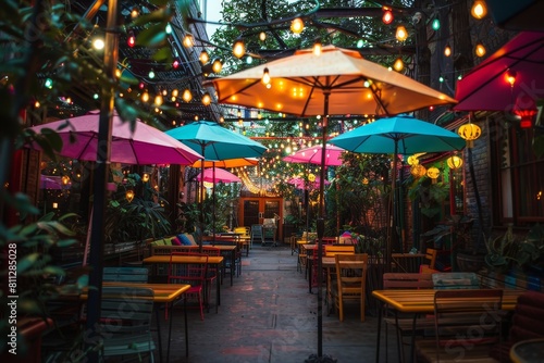 A patio set up with tables, umbrellas, and twinkling string lights for outdoor dining, A outdoor patio with twinkling string lights and colorful umbrellas