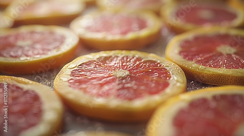   A cluster of grapefruits perched atop a metal basin brimming with watermelon halves