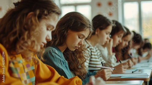 Group of young female students focused on writing exams in a classroom.