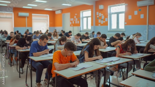 Spacious classroom filled with diverse students taking an exam