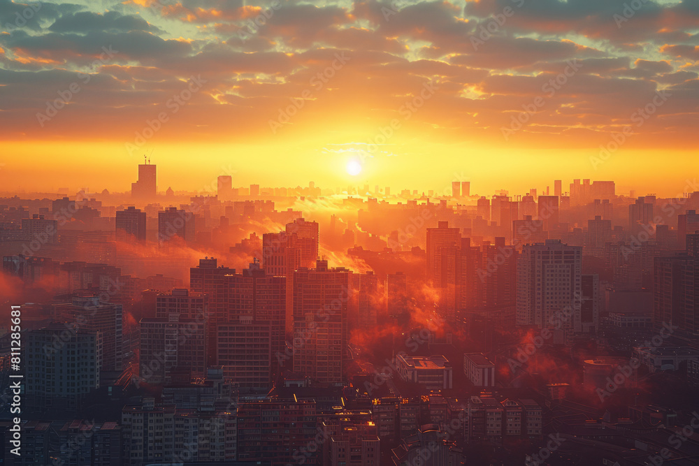 Light yellow sunrise over a bustling city, awakening with energy,