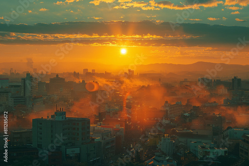 Light yellow sunrise over a bustling city  awakening with energy 
