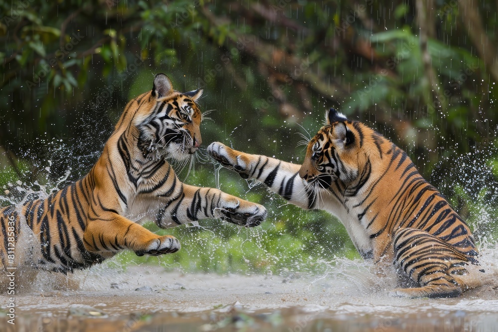 Obraz premium Two tigers frolicking and engaging in playfulness in a body of water, A pair of tigers engaged in a playful interaction