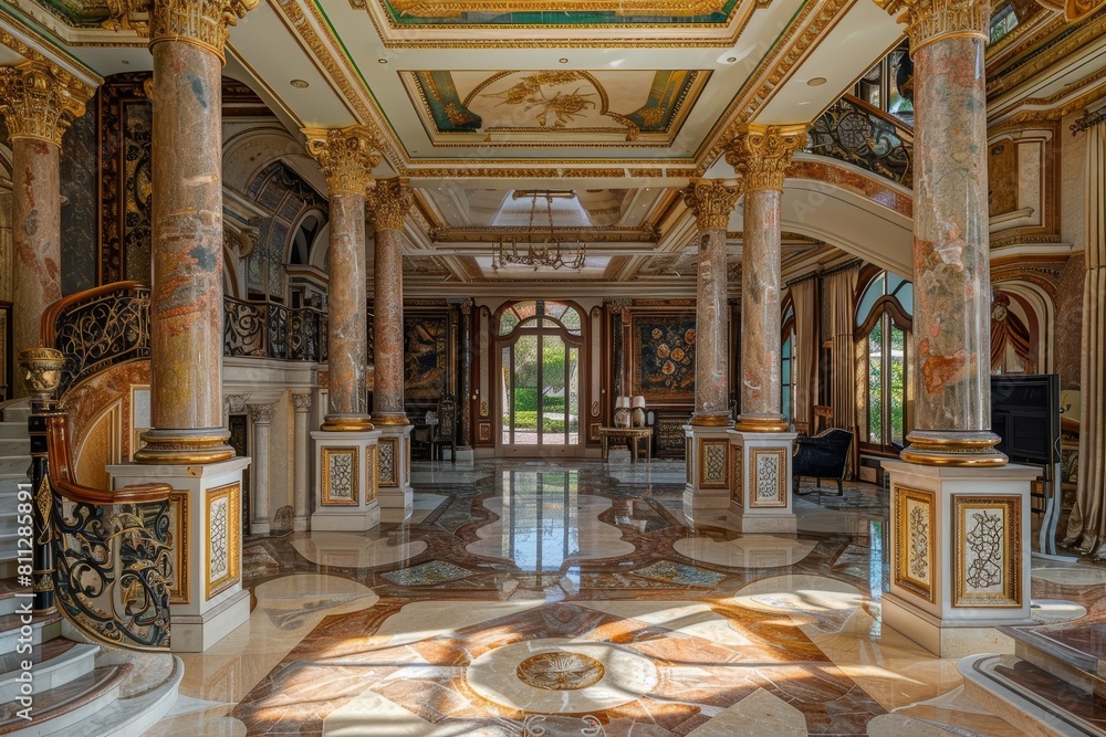 Fototapeta premium A large room showcasing grandeur with marble floors and towering columns, A palatial estate with marble columns and intricate woodwork