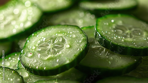  A photo of cucumber slices on a wooden table with water droplets