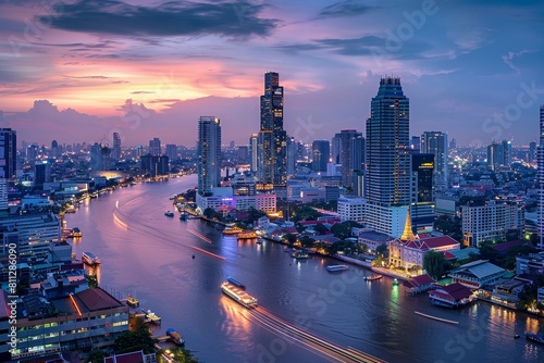 A high angle view capturing the vibrant lights and activity of a city at night, A panoramic view of a bustling city skyline at dusk, with twinkling lights reflecting on the river below photo