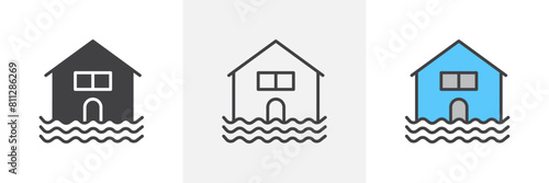 Flood Disaster Icon Collection. Home Water Damage Vector Design. Tsunami Alert Symbol.