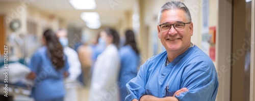 Senior male nurse with arms crossed in hospital corridor. Hospital environment portrait with blurred background