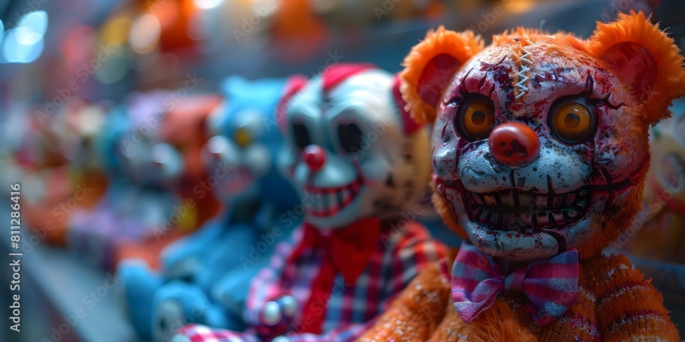 Terrifying toy monsters including zombie teddy bears and creepy clown creations. Concept Horror Toys, Zombie Teddy Bears, Creepy Clown Creations, Terrifying Toy Monsters