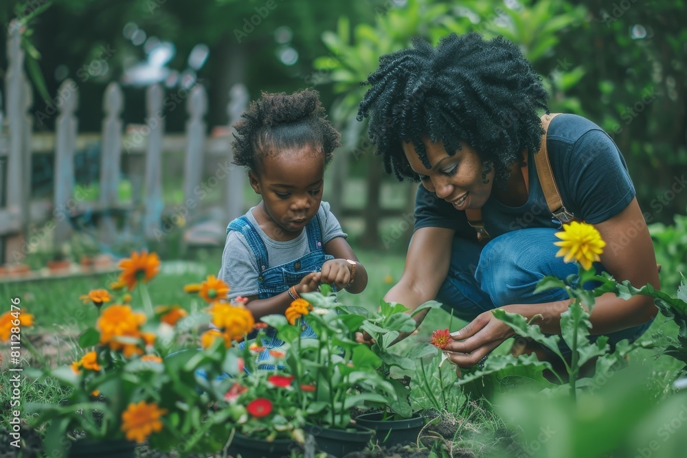 Fototapeta premium A woman and a child are planting flowers together in a garden, A parent and child planting flowers together in a garden