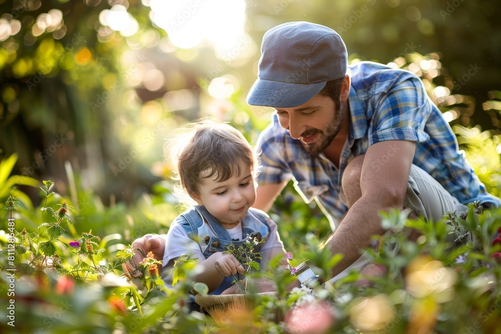 A man and a little boy are exploring and playing in a colorful field of flowers on a sunny day, A parent and child playing together in a garden A man and a little boy are exploring and playing in a colorful field of flowers on a sunny day, A parent and child playing together in a garden
