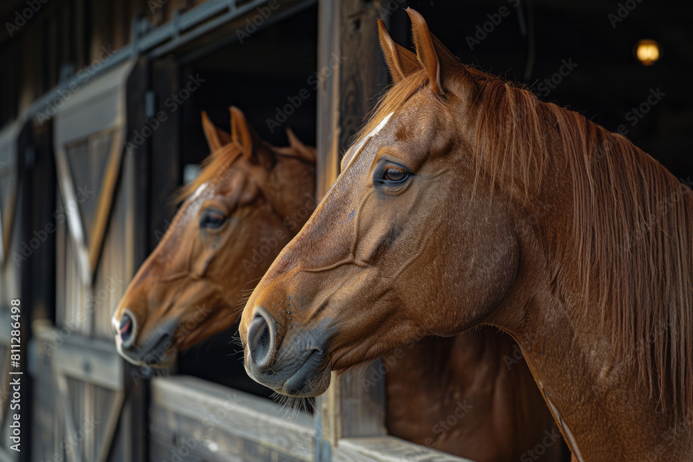 Fototapeta premium Chestnut horse stable with well-groomed horses, reflecting care and tradition,