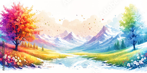 Colorful landscape featuring a field with flowers  a river  and a mountain range in the background. The scene is vibrant and visually appealing  with the various elements of the landscape.