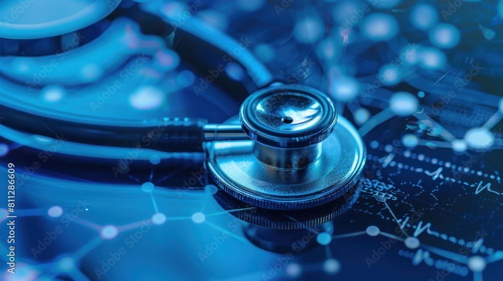 Stethoscope on vibrant blue digital interface illustrating medical technology and health monitoring Stethoscope on vibrant blue digital interface illustrating medical technology and health monitoring