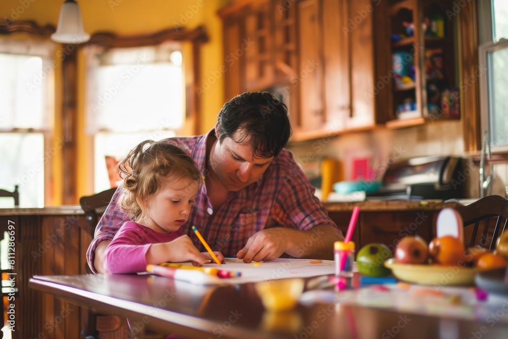 A man and a little girl are sitting together at a table, working on a school project, A parent helping their child with a school project at the kitchen table A man and a little girl are sitting together at a table, working on a school project, A parent helping their child with a school project at the kitchen table