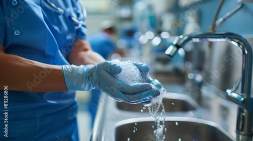 Female nurse in blue scrubs washing hands with soap and water in hospital sink