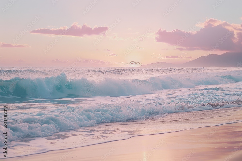 A beach scene with waves crashing onto the shore under pastel skies at sunset, A peaceful beach at sunset, with pastel skies and gentle waves crashing