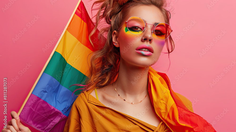 Obraz premium Fashionable Young Woman with Rainbow Flag on Vibrant Pink Background