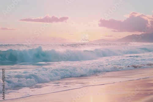 A beach scene with waves crashing onto the shore under pastel skies at sunset  A peaceful beach at sunset  with pastel skies and gentle waves crashing
