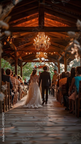 Bride and Groom Walking Down the Aisle in Barn