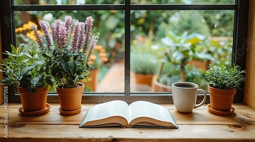   A book rests atop a windowsill beside a cup of joe and greenery photo