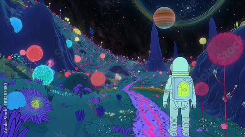 Astronaut Explores Vibrant Alien Landscape