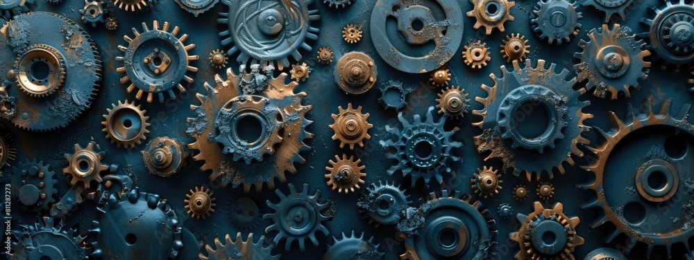 Intricate Blue Gears and Cogs Background for Industrial Concept Intricate Blue Gears and Cogs Background for Industrial Concept