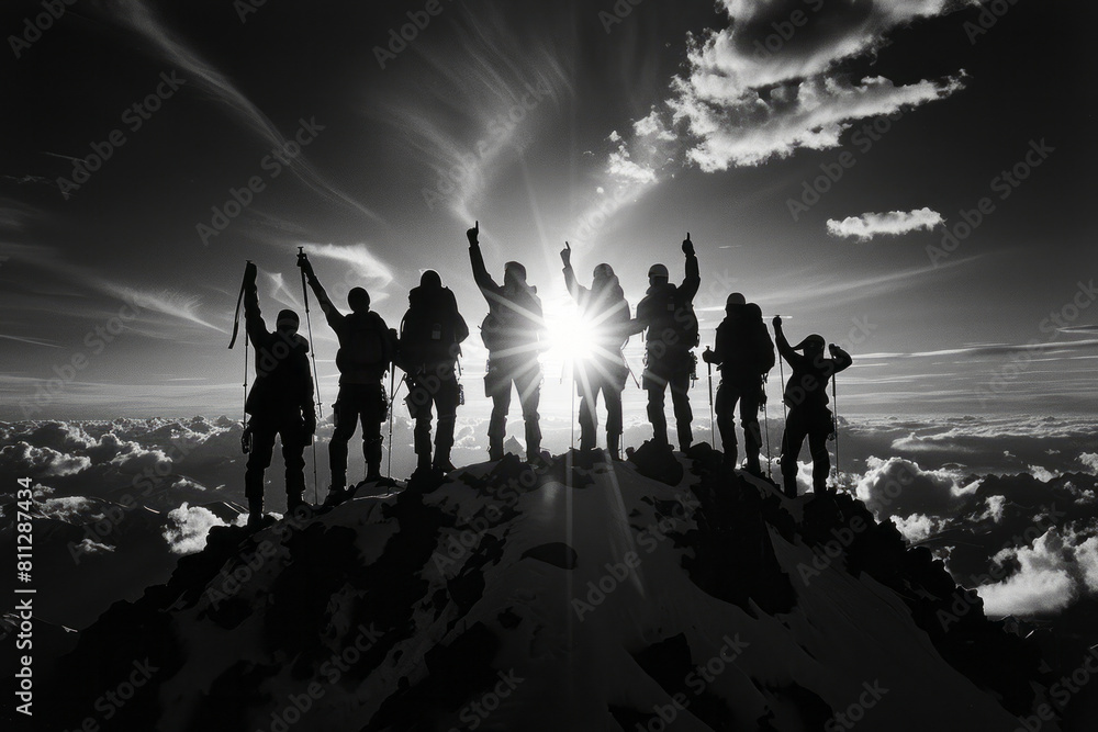 Silhouette of a team on the summit of a mountain, celebrating their collective achievement, Silhouette of a team on the summit of a mountain, celebrating their collective achievement,