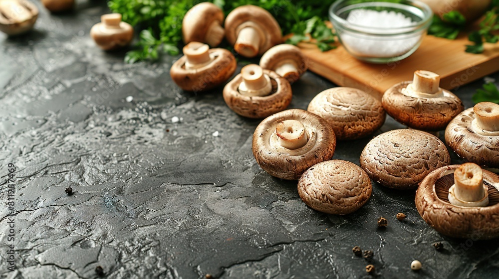 A cluster of mushrooms rests atop a table beside a cutting board and a dish of parsley A cluster of mushrooms rests atop a table beside a cutting board and a dish of parsley