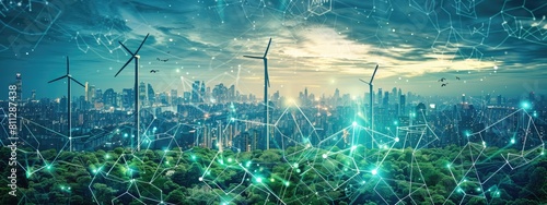Futuristic Green Energy City with Wind Turbines and Digital Networks